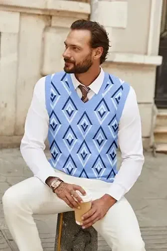 COOFANDY Men's Sweater Vest V Neck Sleeveless Sweater Slim Fit Casual Knitted Pullover Sweater - 3