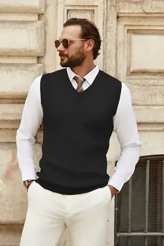 COOFANDY Men's Sweater Vest V Neck Sleeveless Sweater Slim Fit Casual Knitted Pullover Sweater - 4