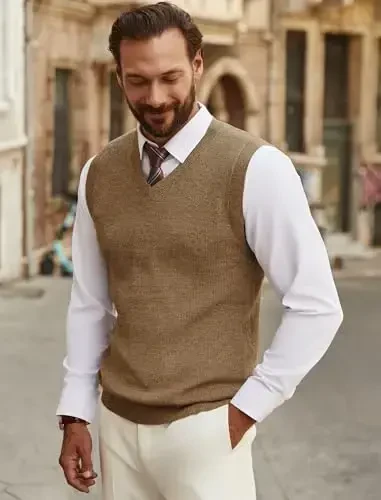 COOFANDY Men's Sweater Vest V Neck Sleeveless Sweater Slim Fit Casual Knitted Pullover Sweater - 1