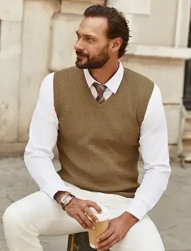 COOFANDY Men's Sweater Vest V Neck Sleeveless Sweater Slim Fit Casual Knitted Pullover Sweater - 3
