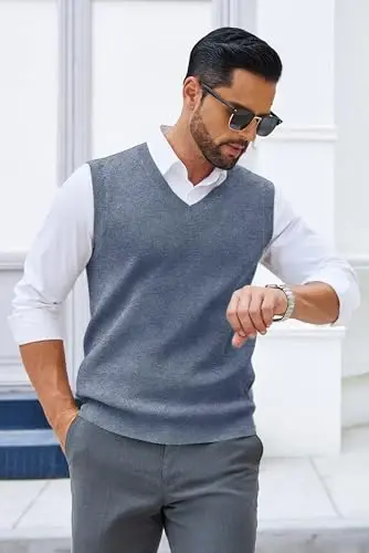 COOFANDY Men's Sweater Vest V Neck Sleeveless Sweater Slim Fit Casual Knitted Pullover Sweater - 4