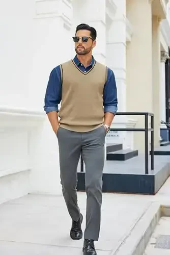 COOFANDY Men's Sweater Vest V Neck Sleeveless Sweater Slim Fit Casual Knitted Pullover Sweater - 5