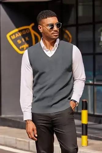 COOFANDY Men's Sweater Vest V Neck Sleeveless Sweater Slim Fit Casual Knitted Pullover Sweater - 4