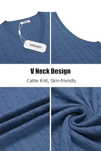 COOFANDY Men's Sweater Vest V Neck Slim Fit Cable Knitted Sleeveless Pullover Sweater - 5