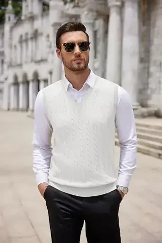 COOFANDY Men's Sweater Vest V Neck Slim Fit Cable Knitted Sleeveless Pullover Sweater - 5