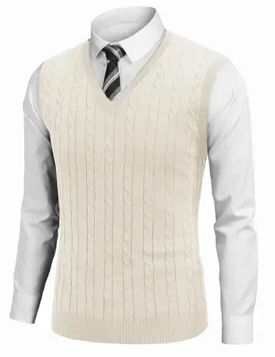 COOFANDY Men's Sweater Vest V Neck Slim Fit Cable Knitted Sleeveless Pullover Sweater - 6