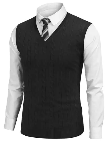 COOFANDY Men's Sweater Vest V Neck Slim Fit Cable Knitted Sleeveless Pullover Sweater - 1