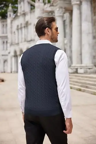 COOFANDY Men's Sweater Vest V Neck Slim Fit Cable Knitted Sleeveless Pullover Sweater - 4