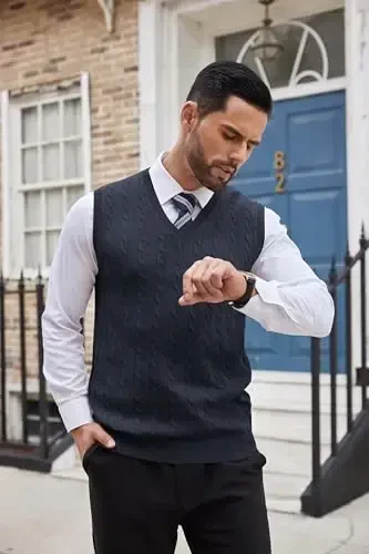 COOFANDY Men's Sweater Vest V Neck Slim Fit Cable Knitted Sleeveless Pullover Sweater - 3