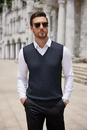 COOFANDY Men's Sweater Vest V Neck Slim Fit Cable Knitted Sleeveless Pullover Sweater - 6