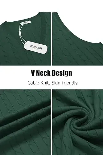COOFANDY Men's Sweater Vest V Neck Slim Fit Cable Knitted Sleeveless Pullover Sweater - 5