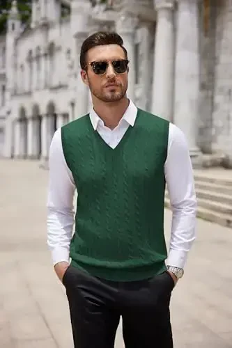 COOFANDY Men's Sweater Vest V Neck Slim Fit Cable Knitted Sleeveless Pullover Sweater - 6