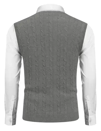 COOFANDY Men's Sweater Vest V Neck Slim Fit Cable Knitted Sleeveless Pullover Sweater - 2
