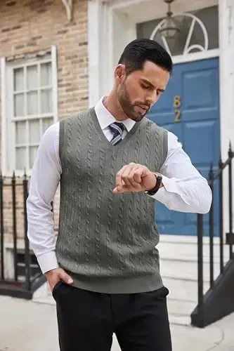 COOFANDY Men's Sweater Vest V Neck Slim Fit Cable Knitted Sleeveless Pullover Sweater - 3