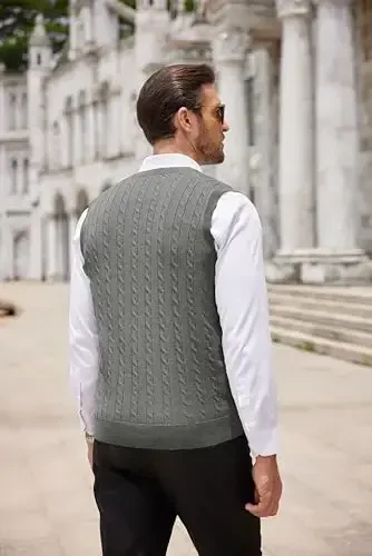 COOFANDY Men's Sweater Vest V Neck Slim Fit Cable Knitted Sleeveless Pullover Sweater - 4