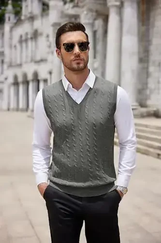COOFANDY Men's Sweater Vest V Neck Slim Fit Cable Knitted Sleeveless Pullover Sweater - 6