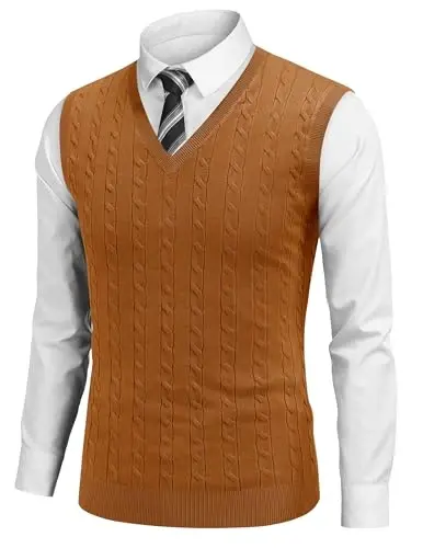 COOFANDY Men's Sweater Vest V Neck Slim Fit Cable Knitted Sleeveless Pullover Sweater 