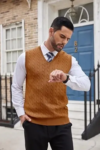 COOFANDY Men's Sweater Vest V Neck Slim Fit Cable Knitted Sleeveless Pullover Sweater - 3