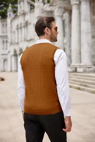 COOFANDY Men's Sweater Vest V Neck Slim Fit Cable Knitted Sleeveless Pullover Sweater - 4