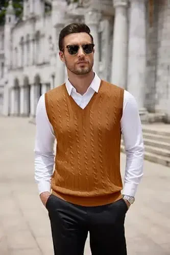 COOFANDY Men's Sweater Vest V Neck Slim Fit Cable Knitted Sleeveless Pullover Sweater - 6