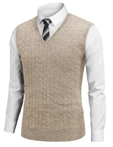COOFANDY Men's Sweater Vest V Neck Slim Fit Cable Knitted Sleeveless Pullover Sweater 