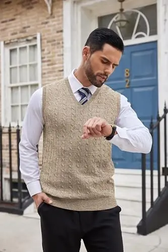COOFANDY Men's Sweater Vest V Neck Slim Fit Cable Knitted Sleeveless Pullover Sweater - 3