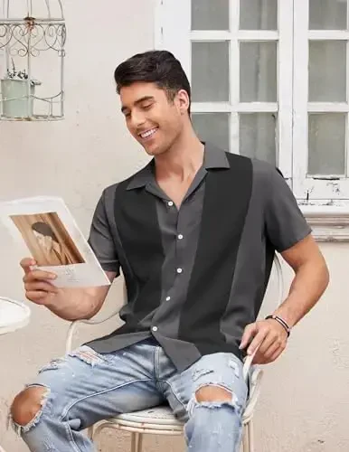 COOFANDY Men's Vintage Bowling Shirt Short Sleeve Button Down Summer Cuba Beach Shirts - 3