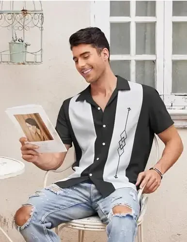 COOFANDY Men's Vintage Bowling Shirt Short Sleeve Button Down Summer Cuba Beach Shirts - 3