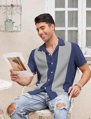 COOFANDY Men's Vintage Bowling Shirt Short Sleeve Button Down Summer Cuba Beach Shirts - 3