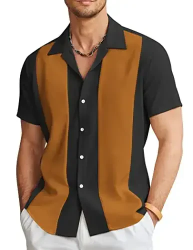 COOFANDY Men's Vintage Bowling Shirt Short Sleeve Button Down Summer Cuba Beach Shirts - COOFANDY