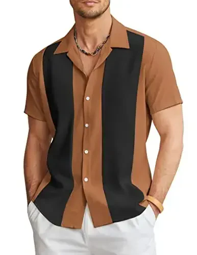 COOFANDY Men's Vintage Bowling Shirt Short Sleeve Button Down Summer Cuba Beach Shirts - 1