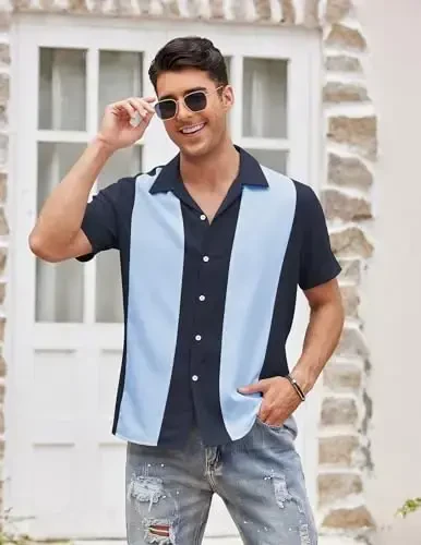 COOFANDY Men's Vintage Bowling Shirt Short Sleeve Button Down Summer Cuba Beach Shirts - 3
