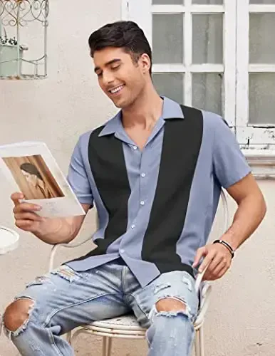 COOFANDY Men's Vintage Bowling Shirt Short Sleeve Button Down Summer Cuba Beach Shirts - 2