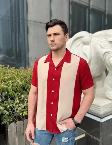 COOFANDY Men's Vintage Bowling Shirt Short Sleeve Button Down Summer Cuba Beach Shirts - 3