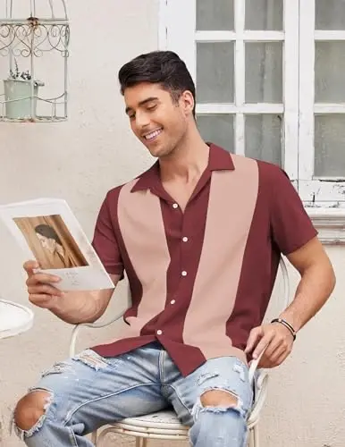 COOFANDY Men's Vintage Bowling Shirt Short Sleeve Button Down Summer Cuba Beach Shirts - 3
