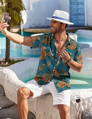 COOFANDY Мужская гавайская рубашка с коротким рукавом, цветочным принтом, на пуговицах, тропическая праздничная пляжная рубашка - 4