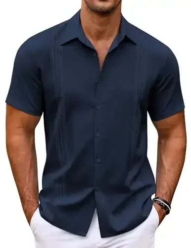 COOFANDY Мужская кубинская рубашка Guayabera с коротким рукавом, на пуговицах, повседневные летние пляжные рубашки - MODAZONE