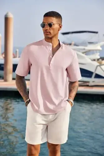 COOFANDY Мужская повседневная рубашка хенли с коротким рукавом, воротником-стойкой, льняная рубашка, летняя пляжная хиппи-футболка - 2