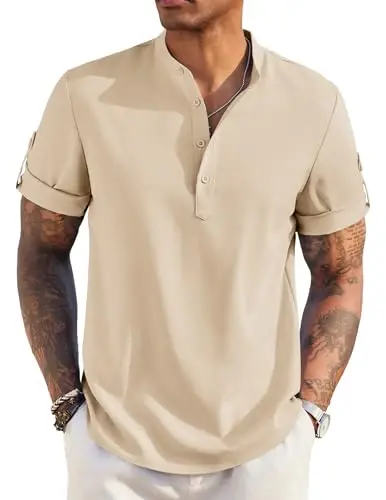COOFANDY Men's Casual Henley Shirt Short Sleeve Band Collar Linen Shirt Summer Beach Hippie T-Shirts - MODAZONE
