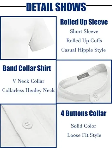COOFANDY Мужская Повседневная Рубашка Хенли Воротник-стойка Короткий Рукав Летняя Пляжная Хиппи Футболка - 5