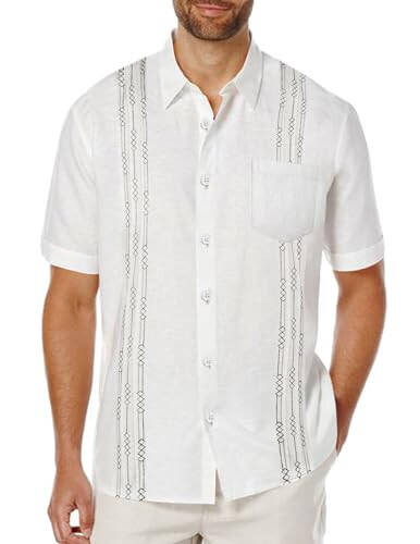 COOFANDY Мужская рубашка из хлопкового льна в кубинском стиле Guayabera, повседневная рубашка с коротким рукавом на пуговицах, летняя пляжная одежда - 1