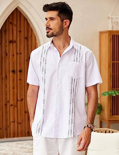 COOFANDY Мужская рубашка из хлопкового льна в кубинском стиле Guayabera, повседневная рубашка с коротким рукавом на пуговицах, летняя пляжная одежда - 2