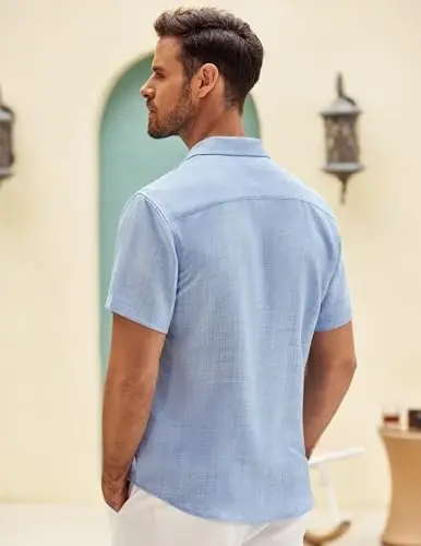 COOFANDY Mens Button Down Short Sleeve Shirt Casual Shirts Summer Beach Textured Shirts with Pocket - 4
