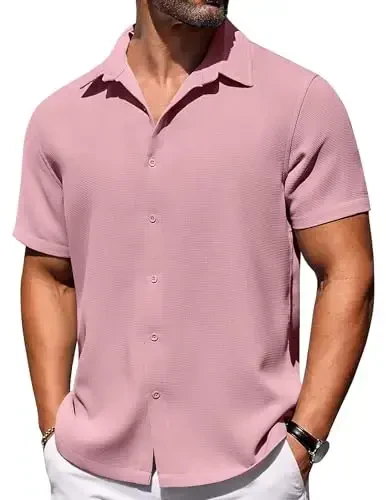 COOFANDY Mens Short Sleeve Button Down Shirts Waffle Shirt Casual Beach Summer Shirts Wrinkle Free Vacation Shirts - 1