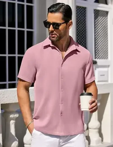 COOFANDY Mens Short Sleeve Button Down Shirts Waffle Shirt Casual Beach Summer Shirts Wrinkle Free Vacation Shirts - 2