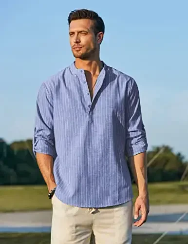 COOFANDY Men's Cotton Linen Henley T-Shirt Long Sleeve Hippie Casual Beach T-Shirts - 3