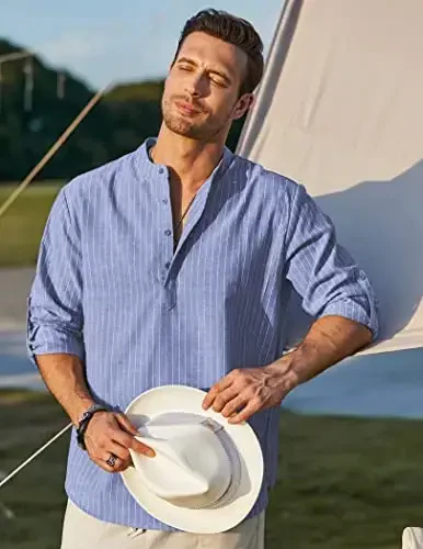 COOFANDY Men's Cotton Linen Henley T-Shirt Long Sleeve Hippie Casual Beach T-Shirts - 4
