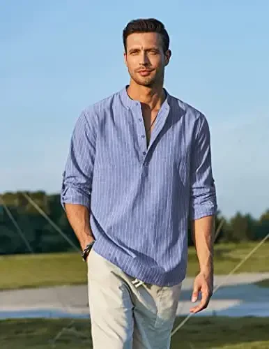 COOFANDY Men's Cotton Linen Henley T-Shirt Long Sleeve Hippie Casual Beach T-Shirts - 5