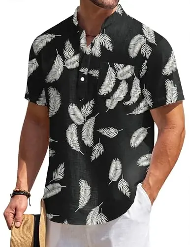 COOFANDY Men's Cotton Linen Henley Shirt Short Sleeve Hippie Casual Beach T-Shirts with Pocket - 4