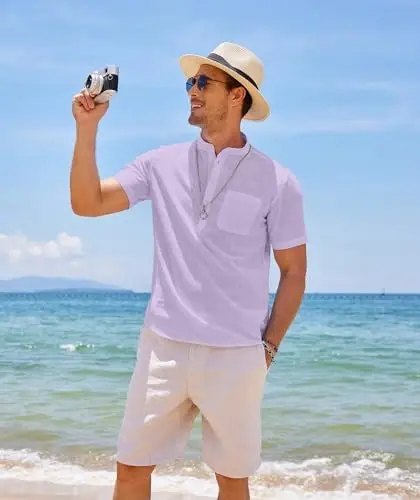 COOFANDY Мужская Хлопковая Льняная Футболка Хенли с Коротким Рукавом Хиппи Повседневные Пляжные Футболки с Карманом - 4